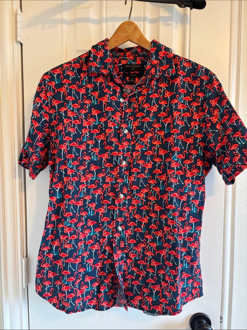 Banana Republic Navy Short-Sleeve Button-Down Linen Slim M Pink Flamingo Print